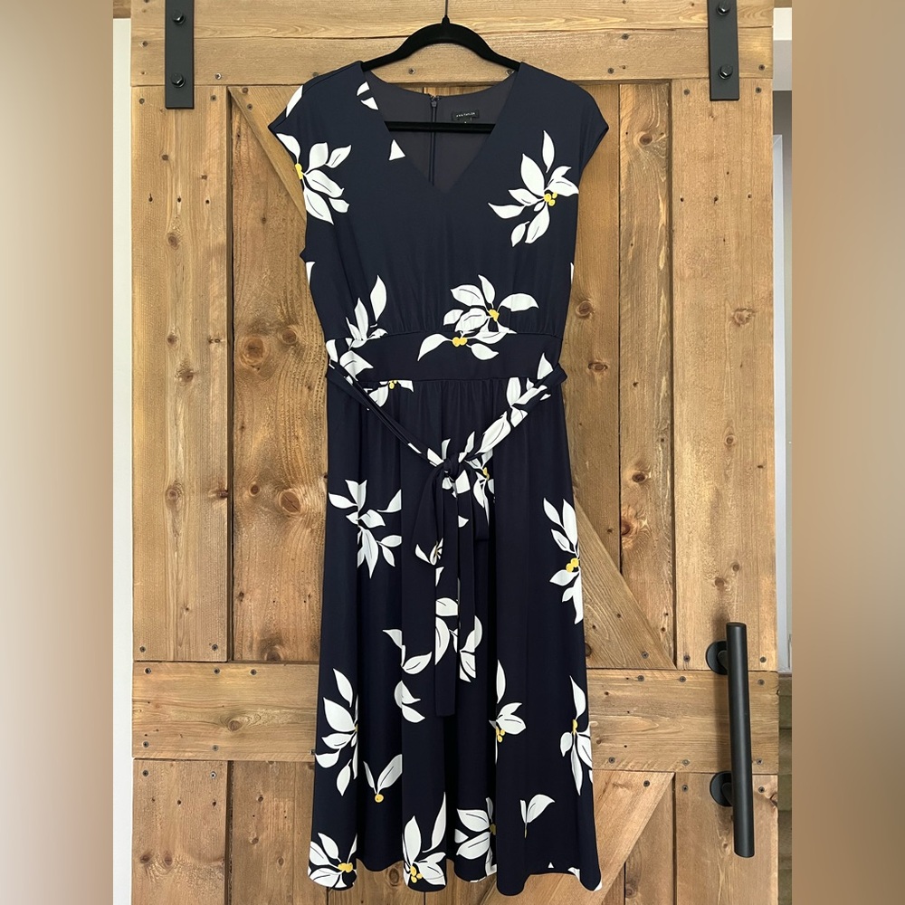 Ann Taylor Floral Navy Dress Size 8 Matte Jersey